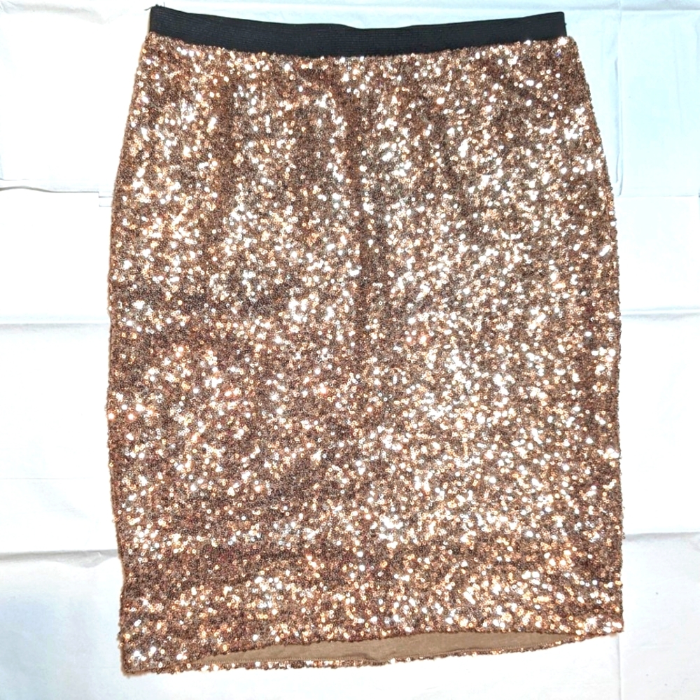 WD NY Sequin Pencil Skirt Blush Sz XS Stretchy Waist Knee Length Sparkly